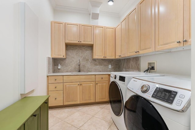 2989 Old Path Rd, Blacklick, OH 43004 - laundry room featuring separate washer and dryer, crown molding, cabinet space, and light tile patterned floors