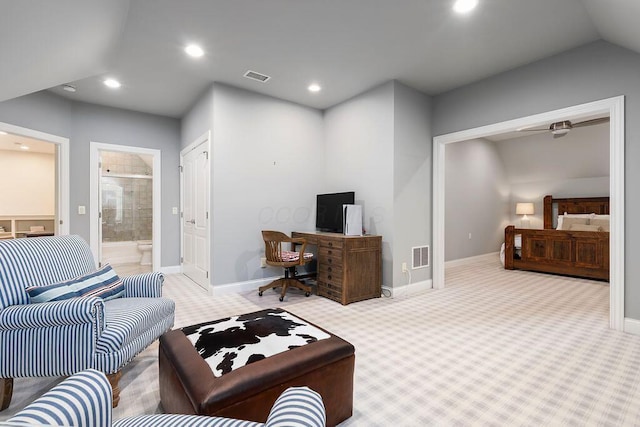 2989 Old Path Rd, Blacklick, OH 43004 - carpeted living room featuring recessed lighting, baseboards, an office area, and lofted ceiling