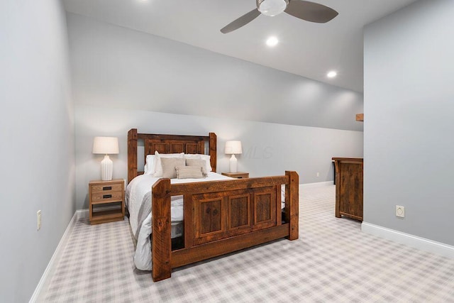 2989 Old Path Rd, Blacklick, OH 43004 - bedroom with carpet floors, baseboards, vaulted ceiling, recessed lighting, and ceiling fan