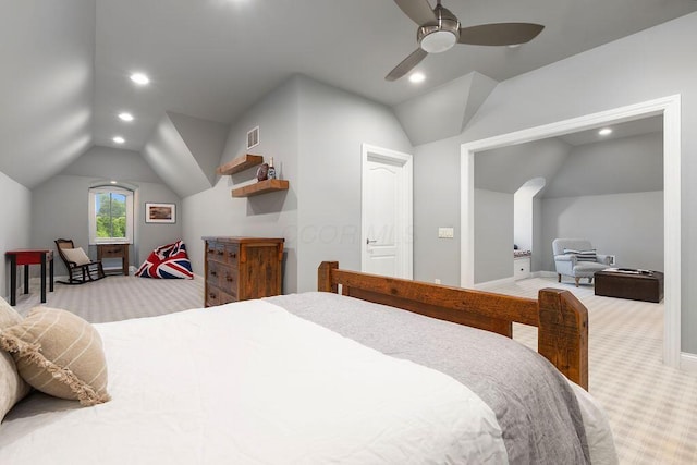 2989 Old Path Rd, Blacklick, OH 43004 - bedroom with light colored carpet, lofted ceiling, recessed lighting, ceiling fan, and baseboards