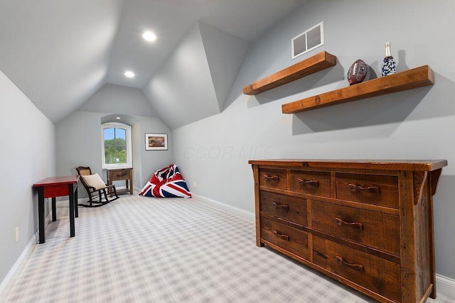 2989 Old Path Rd, Blacklick, OH 43004 - recreation room with vaulted ceiling, light carpet, baseboards, and recessed lighting