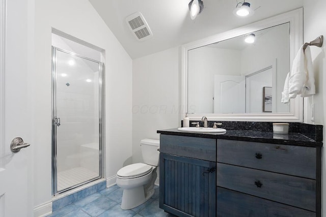 2989 Old Path Rd, Blacklick, OH 43004 - bathroom featuring toilet, vanity, a stall shower, lofted ceiling, and baseboards