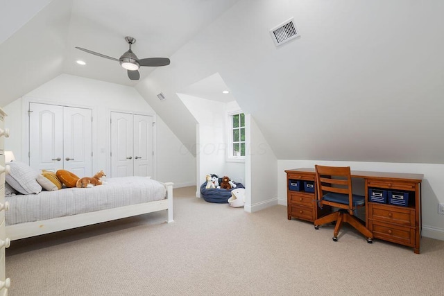 2989 Old Path Rd, Blacklick, OH 43004 - bedroom featuring multiple closets, light colored carpet, lofted ceiling, baseboards, and ceiling fan