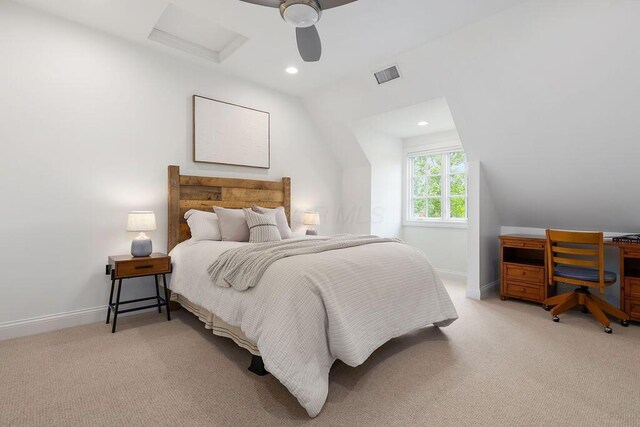2989 Old Path Rd, Blacklick, OH 43004 - bedroom featuring light carpet, vaulted ceiling, an office area, attic access, and recessed lighting