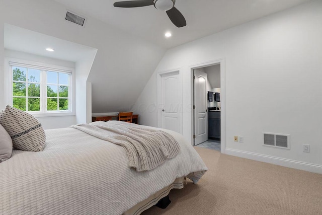 2989 Old Path Rd, Blacklick, OH 43004 - bedroom with light carpet, vaulted ceiling, recessed lighting, ensuite bath, and a ceiling fan