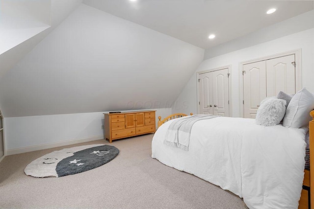 2989 Old Path Rd, Blacklick, OH 43004 - bedroom with vaulted ceiling, light carpet, two closets, recessed lighting, and baseboards