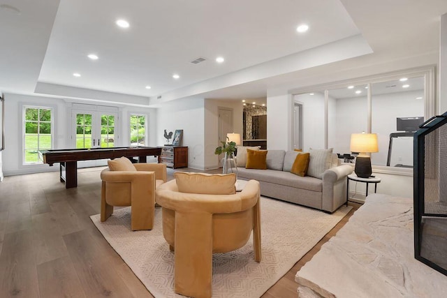 2989 Old Path Rd, Blacklick, OH 43004 - living area with a tray ceiling, billiards, wood finished floors, and recessed lighting