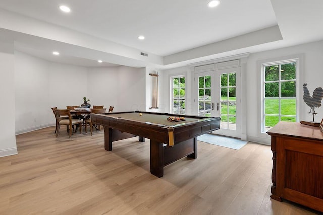 2989 Old Path Rd, Blacklick, OH 43004 - playroom with light wood-style flooring, french doors, pool table, recessed lighting, and baseboards