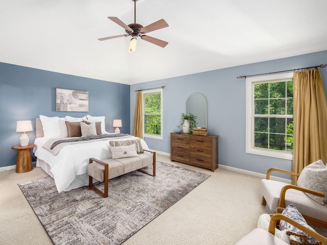 6628 Dalmore Ln, Dublin, OH 43016 - carpeted bedroom featuring baseboards, vaulted ceiling, and ceiling fan