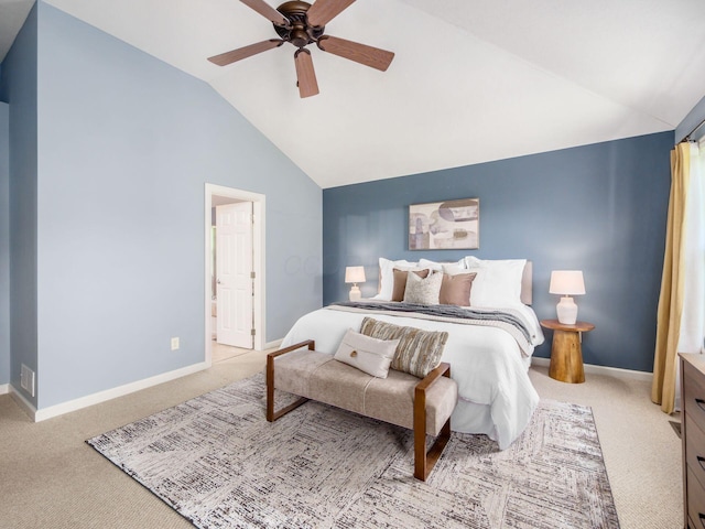 6628 Dalmore Ln, Dublin, OH 43016 - carpeted bedroom with vaulted ceiling, baseboards, ceiling fan, and ensuite bath