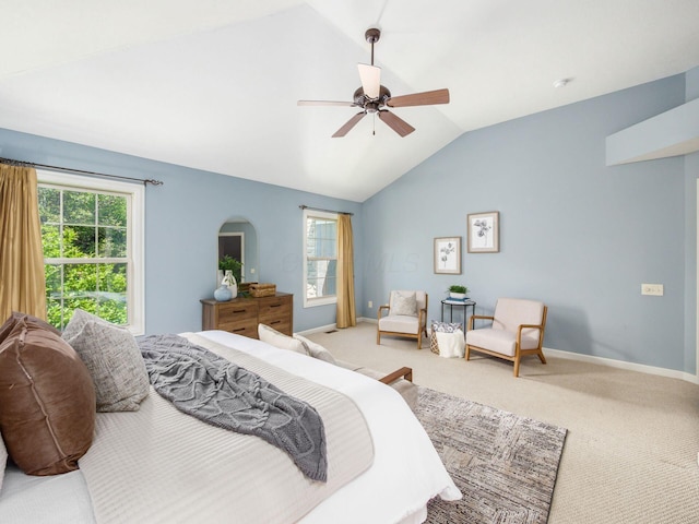 6628 Dalmore Ln, Dublin, OH 43016 - bedroom with lofted ceiling, carpet flooring, a ceiling fan, baseboards, and arched walkways