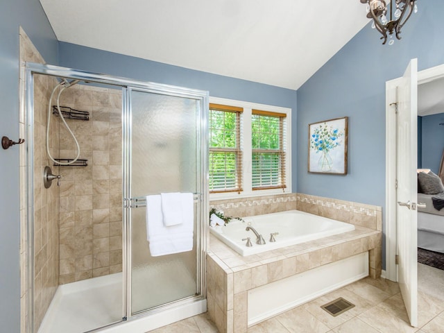 6628 Dalmore Ln, Dublin, OH 43016 - bathroom with connected bathroom, a shower stall, a bath, lofted ceiling, and tile patterned flooring