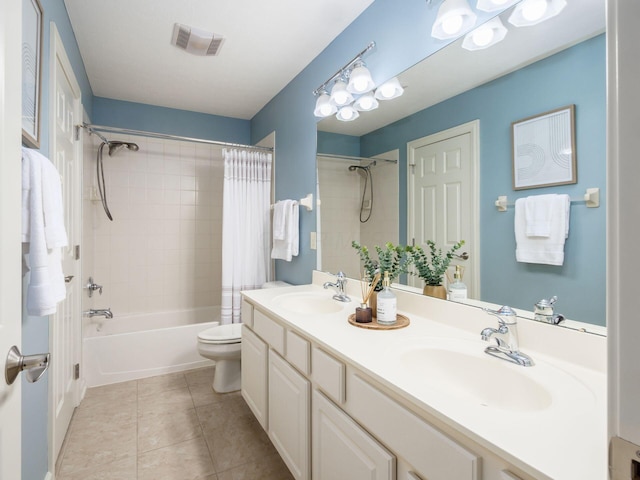 6628 Dalmore Ln, Dublin, OH 43016 - bathroom with shower / bath combination with curtain, toilet, tile patterned flooring, and double vanity