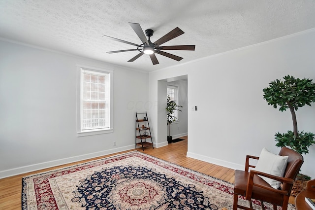 446 E Beck St, Columbus, OH 43206 - sitting room featuring light wood-type flooring, ceiling fan, ornamental molding, a textured ceiling, and baseboards