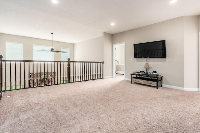 sitting room with ceiling fan, recessed lighting, baseboards, and carpet floors