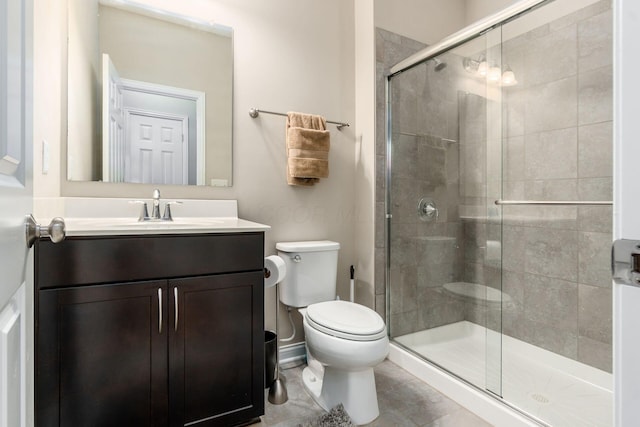 bathroom featuring a shower stall, toilet, and vanity