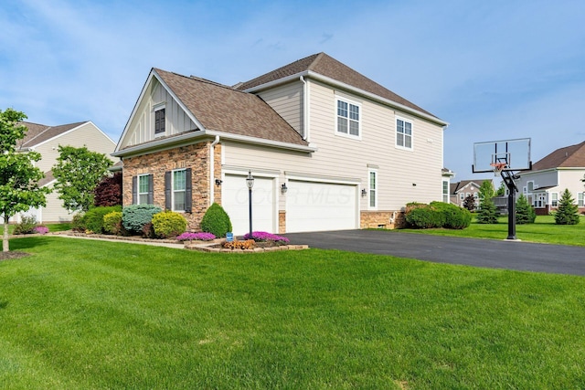 view of property exterior featuring asphalt driveway, a garage, a yard, and a shingled roof