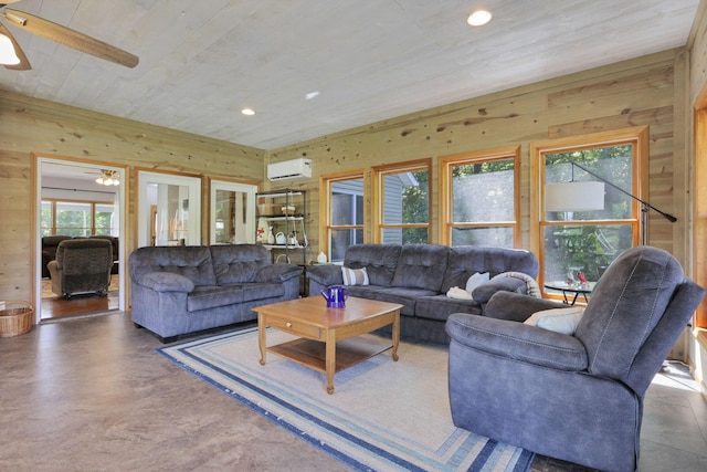 80 Baltimore Somerset Rd NW, Baltimore, OH 43105 - living area with a wall unit AC, ceiling fan, wood walls, wooden ceiling, and recessed lighting