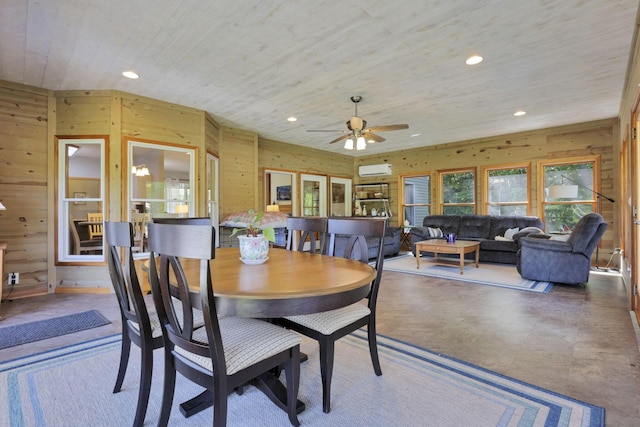 80 Baltimore Somerset Rd NW, Baltimore, OH 43105 - dining area with wood walls, wood ceiling, a wall mounted air conditioner, recessed lighting, and ceiling fan