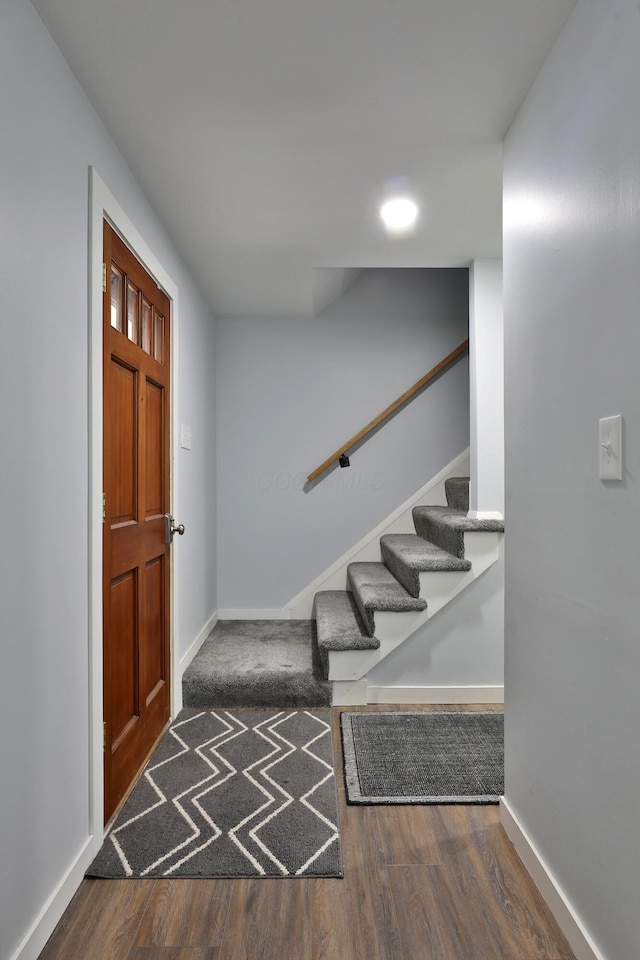 327 Warlock Ct, Columbus, OH 43230 - foyer with stairs, baseboards, wood finished floors, and recessed lighting