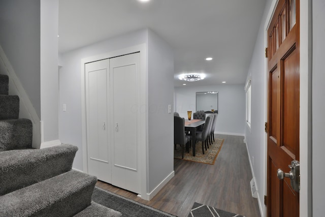 327 Warlock Ct, Columbus, OH 43230 - foyer entrance with stairway, dark wood-style flooring, recessed lighting, and baseboards