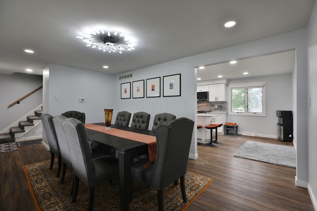 327 Warlock Ct, Columbus, OH 43230 - dining space with recessed lighting, baseboards, dark wood-style flooring, and stairway