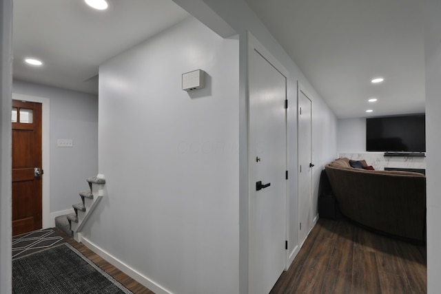 327 Warlock Ct, Columbus, OH 43230 - corridor featuring dark wood-type flooring, recessed lighting, baseboards, and stairs