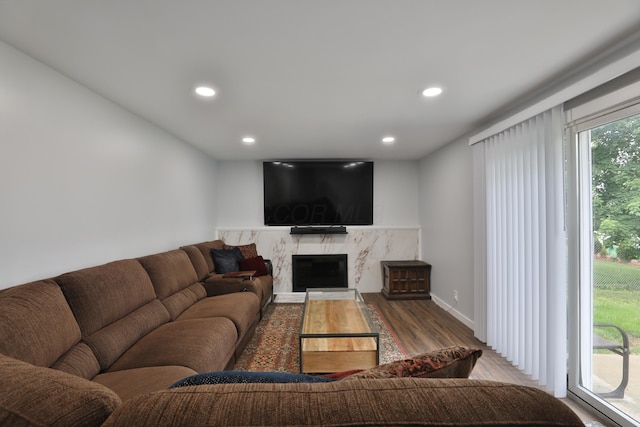 327 Warlock Ct, Columbus, OH 43230 - living area featuring wood finished floors, recessed lighting, a premium fireplace, and baseboards