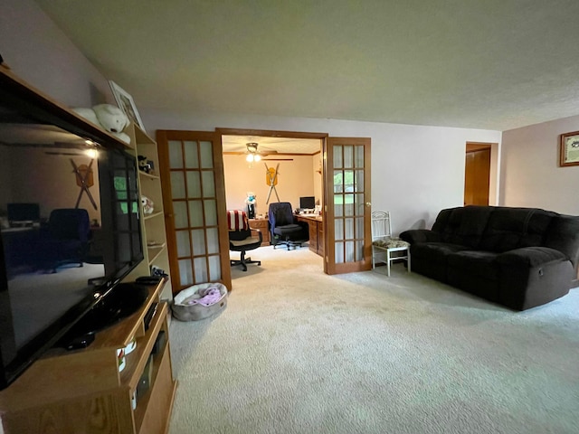 346 Instone Dr, Reynoldsburg, OH 43068 - living room with french doors, an office area, carpet flooring, and a ceiling fan