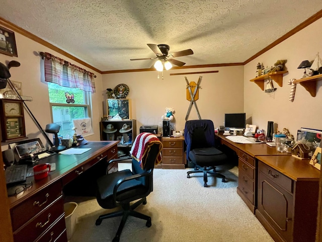 346 Instone Dr, Reynoldsburg, OH 43068 - office with a ceiling fan, ornamental molding, a textured ceiling, and light carpet