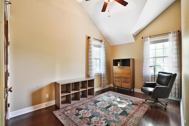 258 Canyon Dr, Columbus, OH 43214 - living area featuring vaulted ceiling, ceiling fan, hardwood / wood-style floors, and baseboards