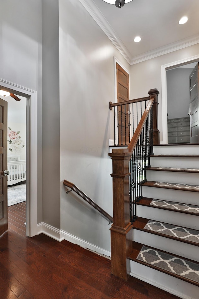258 Canyon Dr, Columbus, OH 43214 - stairs featuring baseboards, hardwood / wood-style floors, ornamental molding, recessed lighting, and ceiling fan