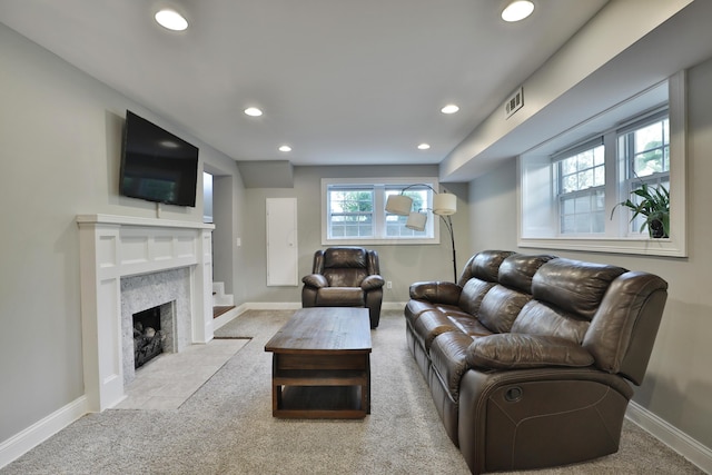 258 Canyon Dr, Columbus, OH 43214 - carpeted living room featuring recessed lighting, baseboards, and a high end fireplace