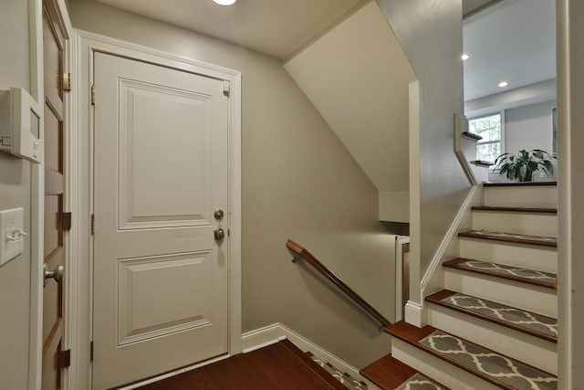 258 Canyon Dr, Columbus, OH 43214 - stairway with wood finished floors, recessed lighting, and baseboards