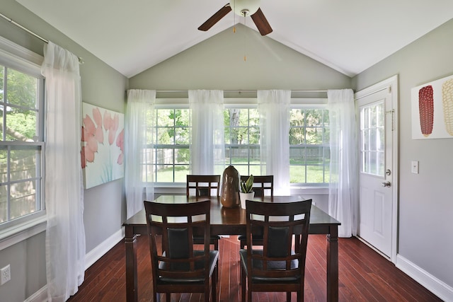 258 Canyon Dr, Columbus, OH 43214 - dining room with a ceiling fan, dark wood finished floors, plenty of natural light, and vaulted ceiling