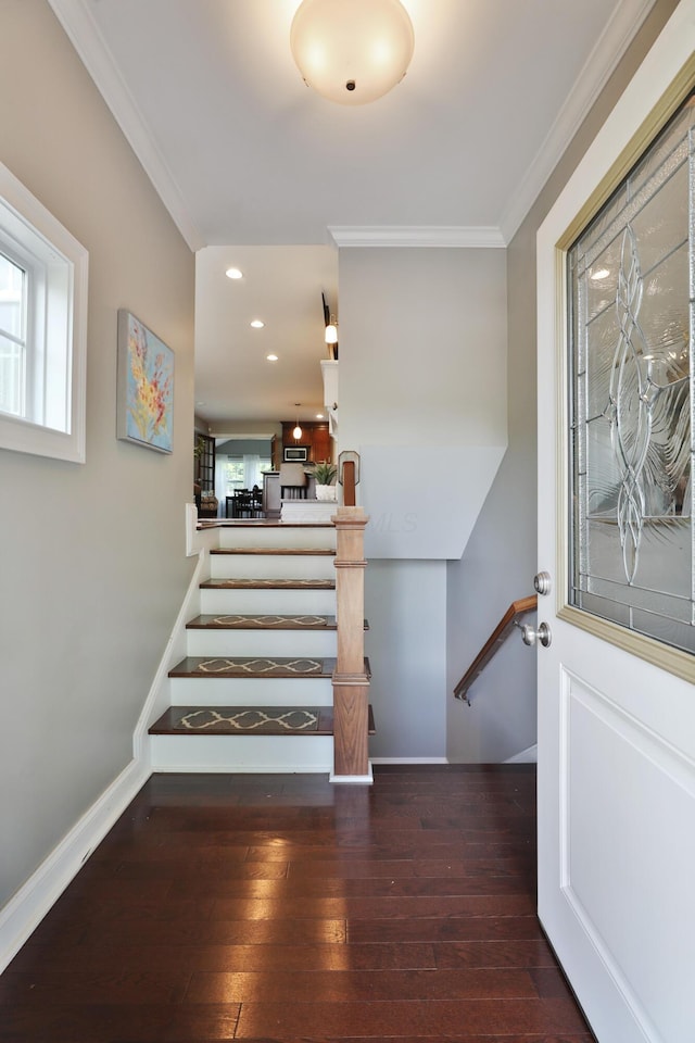 258 Canyon Dr, Columbus, OH 43214 - staircase with wood-type flooring, ornamental molding, recessed lighting, and baseboards