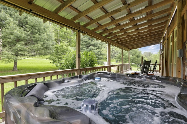 23587 Woltz Rd, Rockbridge, OH 43149 - wooden deck featuring outdoor dining area, view of scattered trees, and a yard