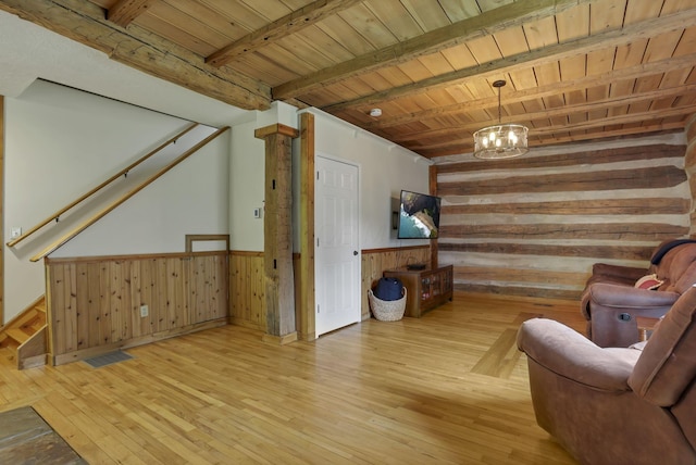 23587 Woltz Rd, Rockbridge, OH 43149 - living area with wooden walls, wood-type flooring, wooden ceiling with exposed beams, a chandelier, and wainscoting