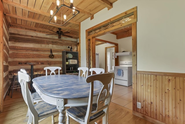 23587 Woltz Rd, Rockbridge, OH 43149 - dining area with wood walls, a chandelier, wooden ceiling with exposed beams, ceiling fan, and light wood-type flooring