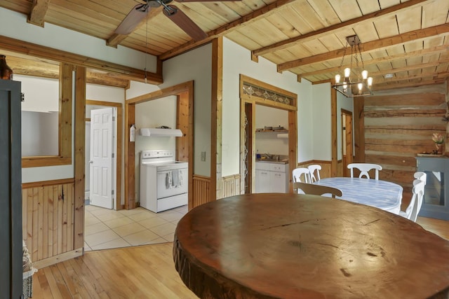 23587 Woltz Rd, Rockbridge, OH 43149 - dining room with wooden ceiling with exposed beams, wood walls, a ceiling fan, a chandelier, and a wainscoted wall