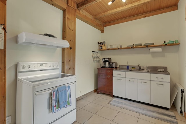 23587 Woltz Rd, Rockbridge, OH 43149 - kitchen with electric range, stainless steel counters, extractor fan, wooden ceiling with exposed beams, and a sink