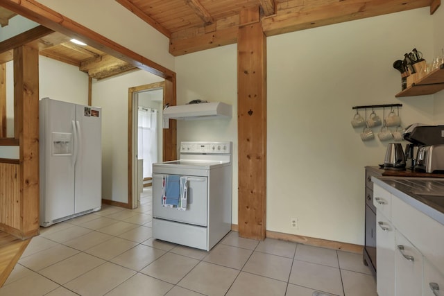 23587 Woltz Rd, Rockbridge, OH 43149 - kitchen with white appliances, exhaust hood, open shelves, wooden ceiling with exposed beams, and dark countertops