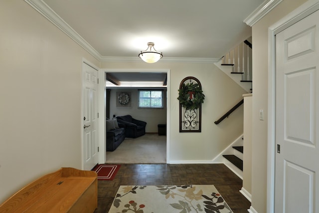 6653 Merwin Rd, Columbus, OH 43235 - entryway with stairs, baseboards, and crown molding