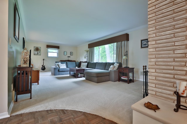 6653 Merwin Rd, Columbus, OH 43235 - living room with dark colored carpet, ornamental molding, and baseboards