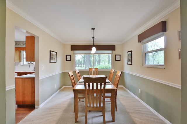 6653 Merwin Rd, Columbus, OH 43235 - dining area featuring healthy amount of natural light, crown molding, baseboards, and light colored carpet