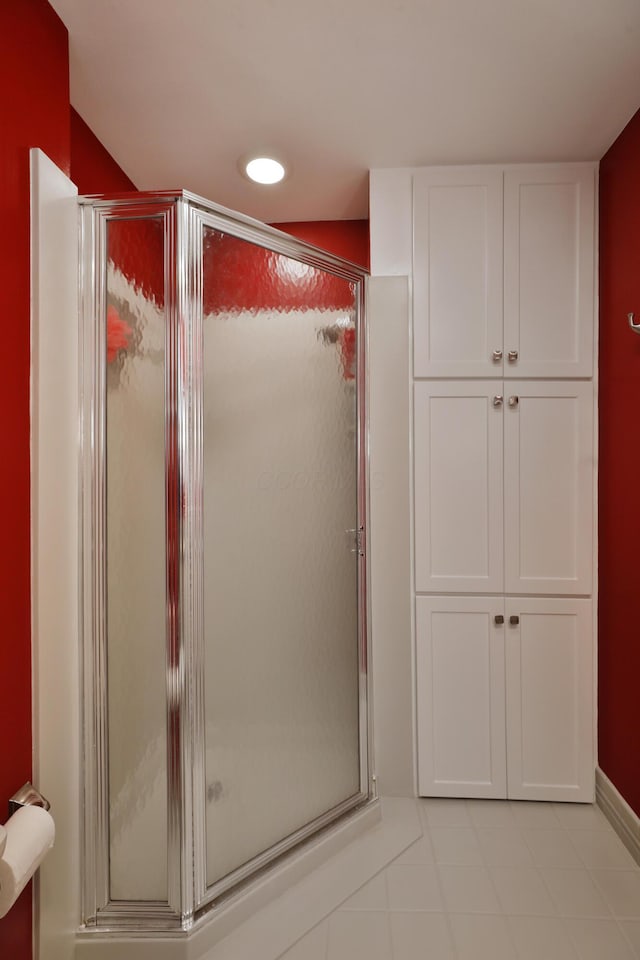 6653 Merwin Rd, Columbus, OH 43235 - full bathroom with a shower stall, baseboards, tile patterned flooring, and recessed lighting