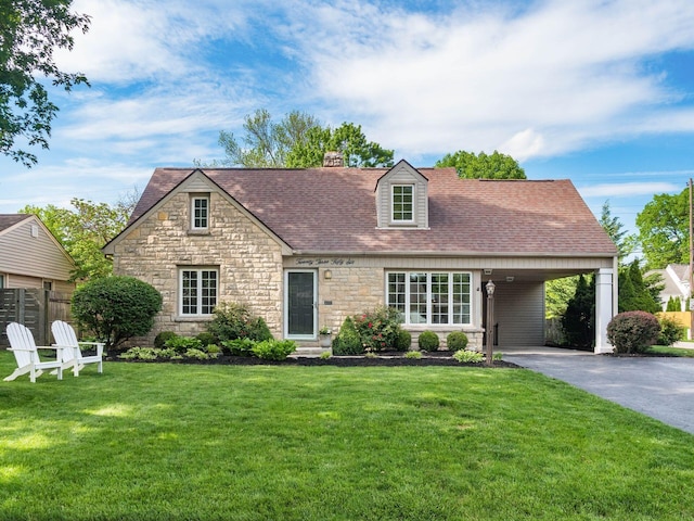 2356 Swansea Rd, Columbus, OH 43221 - view of front facade with stone siding, asphalt driveway, a chimney, a shingled roof, and an attached carport