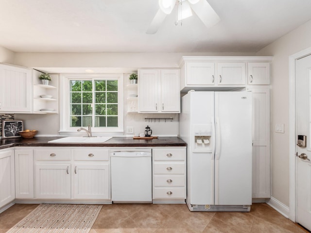 2356 Swansea Rd, Columbus, OH 43221 - kitchen featuring white appliances, open shelves, a sink, and dark countertops