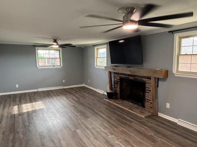4367 Helena Ct, Springfield, OH 45503 - unfurnished living room with ceiling fan, wood finished floors, a fireplace, and ornamental molding