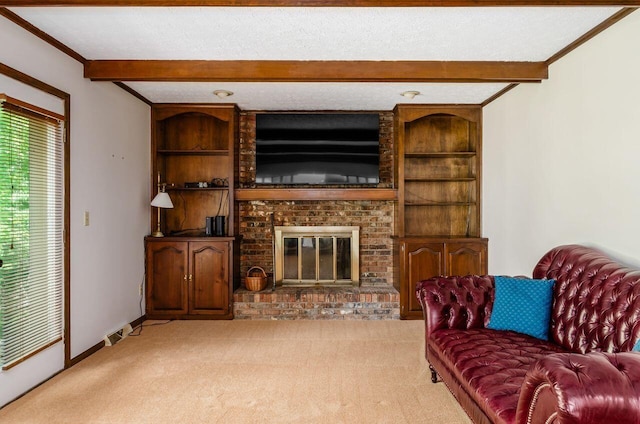 665 Northbridge Ct, Westerville, OH 43081 - living room featuring beamed ceiling, light carpet, a fireplace, and crown molding